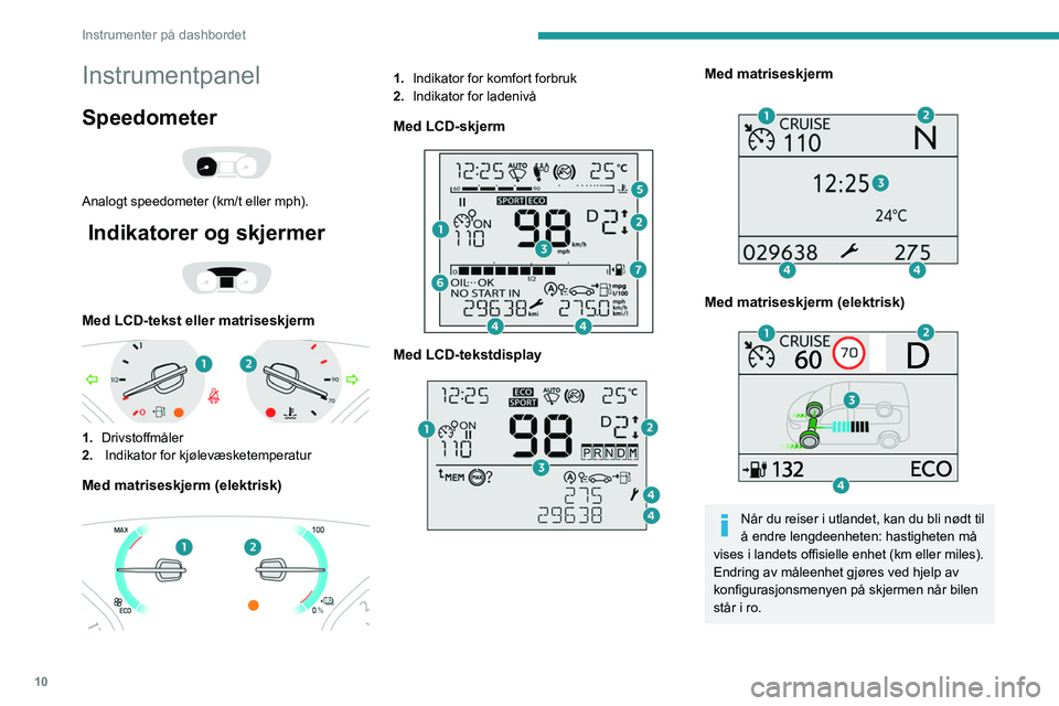 PEUGEOT EXPERT 2021 Instruksjoner for bruk (in Norwegian) 10
Instrumenter på dashbordet
Instrumentpanel
Speedometer
Analogt speedometer (km/t eller mph).
Indikatorer og skjermer
Med LCD-tekst eller matriseskjerm
1.Drivstoffmåler
2. Indikator for PEUGEOT EXPERT 2021 Instruksjoner for bruk (in Norwegian) 10
Instrumenter på dashbordet
Instrumentpanel
Speedometer
Analogt speedometer (km/t eller mph).
Indikatorer og skjermer
Med LCD-tekst eller matriseskjerm
1.Drivstoffmåler
2. Indikator for