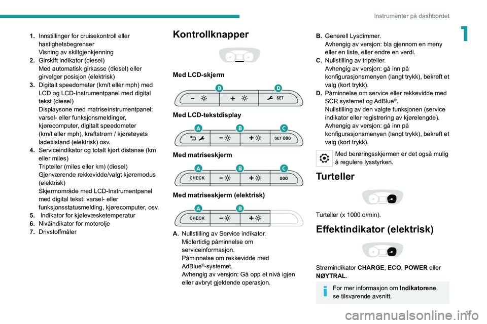 PEUGEOT EXPERT 2021 Instruksjoner for bruk (in Norwegian) 11
Instrumenter på dashbordet
11.Innstillinger for cruisekontroll eller
hastighetsbegrenser
Visning av skiltgjenkjenning
2. Girskift indikator (diesel)
Med automatisk girkasse (diesel) eller
girvel PEUGEOT EXPERT 2021 Instruksjoner for bruk (in Norwegian) 11
Instrumenter på dashbordet
11.Innstillinger for cruisekontroll eller
hastighetsbegrenser
Visning av skiltgjenkjenning
2. Girskift indikator (diesel)
Med automatisk girkasse (diesel) eller
girvel