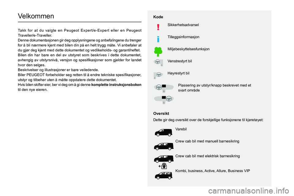 PEUGEOT EXPERT 2021  Instruksjoner for bruk (in Norwegian)   
 
 
 
 
 
  
  
  
  
   
   
 
  
 
  
 
  
 
  
Velkommen
Takk for at du valgte en Peugeot Expert/e-Expert eller en Peugeot 
Traveller/e-Traveller.
Denne dokumentasjonen gir deg opplysningene og 