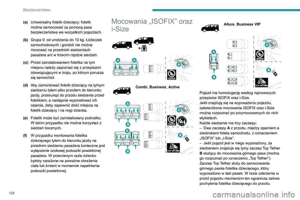 PEUGEOT EXPERT 2021 Instrukcja obsługi (in Polish) 126
Bezpieczeństwo
(a)Uniwersalny fotelik dziecięcy: fotelik
można zamocować za pomocą pasa
bezpieczeństwa we wszystkich pojazdach.
(b) Grupa 0: od urodzenia do 10 kg. Łóżeczek
samochodowy PEUGEOT EXPERT 2021 Instrukcja obsługi (in Polish) 126
Bezpieczeństwo
(a)Uniwersalny fotelik dziecięcy: fotelik
można zamocować za pomocą pasa
bezpieczeństwa we wszystkich pojazdach.
(b) Grupa 0: od urodzenia do 10 kg. Łóżeczek
samochodowy