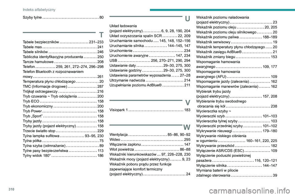 PEUGEOT EXPERT 2021  Instrukcja obsługi (in Polish) 310
Indeks alfabetyczny
Szyby tylne   80
T
Tabele bezpieczników   231–233Tabele mas   241Tabele silników   246Tabliczka identyfikacyjna producenta   250Tarcze hamulcowe   208Telefon   259, 261, 27