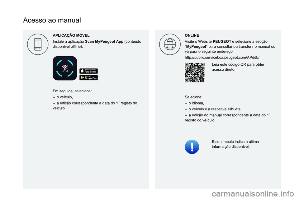 PEUGEOT EXPERT 2021  Manual de utilização (in Portuguese)  
  
 
 
 
 
 
 
 
 
 
 
 
 
 
 
   
Acesso ao manual
APLICA\307\303O M\323VEL
Instale a aplicação 
Scan 
 MyPeugeot App   (conteúdo 
0047004C0056005300520051007400590048004F000300521089004C0051004