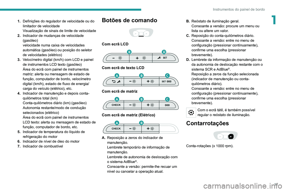 PEUGEOT EXPERT 2021  Manual de utilização (in Portuguese) 11
Instrumentos do painel de bordo
11.Definições do regulador de velocidade ou do 
limitador de velocidade
Visualização de sinais de limite de velocidade
2. Indicador de mudanças de velocidade 
(