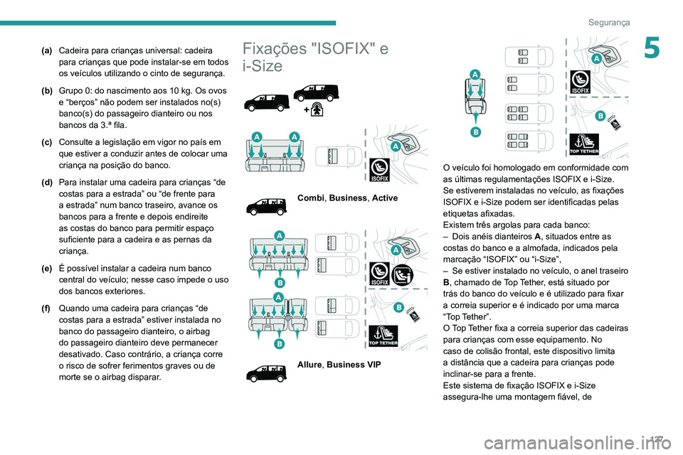 PEUGEOT EXPERT 2021 Manual de utilização (in Portuguese) 127
Segurança
5(a)Cadeira para crianças universal: cadeira
para crianças que pode instalar-se em todos
os veículos utilizando o cinto de segurança.
(b) Grupo 0: do nascimento aos 10 kg. Os ovos PEUGEOT EXPERT 2021 Manual de utilização (in Portuguese) 127
Segurança
5(a)Cadeira para crianças universal: cadeira
para crianças que pode instalar-se em todos
os veículos utilizando o cinto de segurança.
(b) Grupo 0: do nascimento aos 10 kg. Os ovos