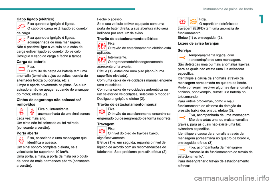 PEUGEOT EXPERT 2021  Manual de utilização (in Portuguese) 13
Instrumentos do painel de bordo
1Cabo ligado (elétrico)Fixa quando a ignição é ligada.
O cabo de carga está ligado ao conetor 
de carga.
Fixa quando a ignição é ligada, 
acompanhada de uma 