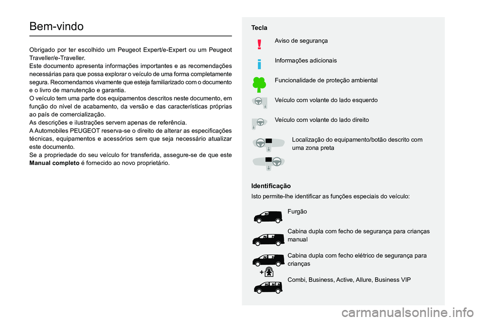 PEUGEOT EXPERT 2021  Manual de utilização (in Portuguese)   
 
 
 
 
 
  
  
  
  
   
   
 
  
 
  
 
  
 
  
Bem-vindo
Obrigado por ter escolhido um Peugeot Expert/e-Expert ou um Peugeot 
Traveller/e-Traveller.
Este documento apresenta informações import