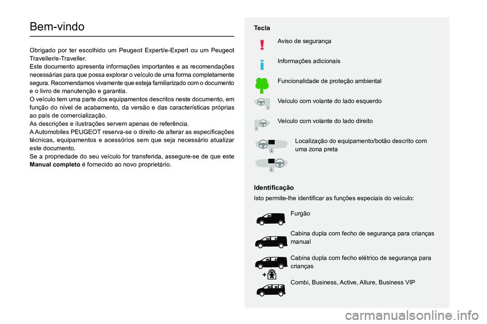 PEUGEOT EXPERT 2021 Manual de utilização (in Portuguese)
Bem-vindo
Obrigado por ter escolhido um Peugeot Expert/e-Expert ou um Peugeot
Traveller/e-Traveller.
Este documento apresenta informações import PEUGEOT EXPERT 2021 Manual de utilização (in Portuguese)
Bem-vindo
Obrigado por ter escolhido um Peugeot Expert/e-Expert ou um Peugeot
Traveller/e-Traveller.
Este documento apresenta informações import