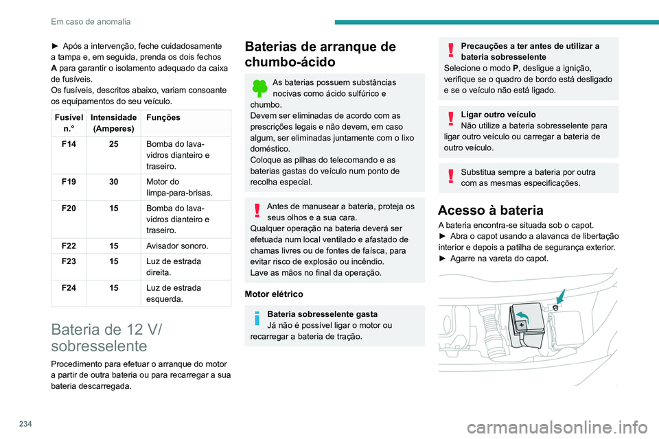 PEUGEOT EXPERT 2021 Manual de utilização (in Portuguese) 234
Em caso de anomalia
► Após a intervenção, feche cuidadosamente
a tampa e, em seguida, prenda os dois fechos
A
para garantir o isolamento adequado da caixa
de fusíveis.
Os fusíveis, des PEUGEOT EXPERT 2021 Manual de utilização (in Portuguese) 234
Em caso de anomalia
► Após a intervenção, feche cuidadosamente
a tampa e, em seguida, prenda os dois fechos
A
para garantir o isolamento adequado da caixa
de fusíveis.
Os fusíveis, des