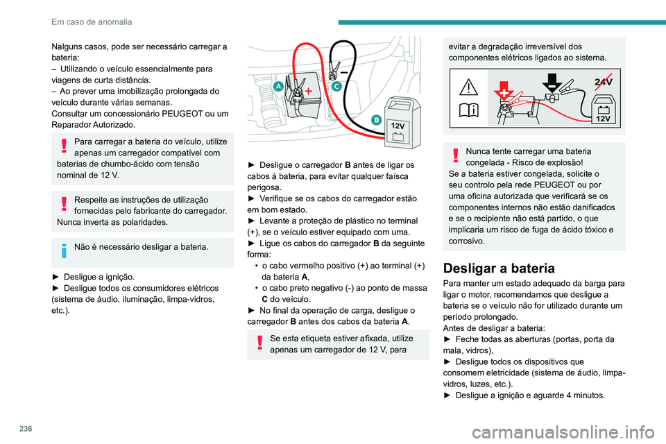 PEUGEOT EXPERT 2021 Manual de utilização (in Portuguese) 236
Em caso de anomalia
Nalguns casos, pode ser necessário carregar a
bateria:
–
Utilizando o veículo essencialmente para
viagens de curta distância.
–
Ao prever uma imobilização prolon PEUGEOT EXPERT 2021 Manual de utilização (in Portuguese) 236
Em caso de anomalia
Nalguns casos, pode ser necessário carregar a
bateria:
–
Utilizando o veículo essencialmente para
viagens de curta distância.
–
Ao prever uma imobilização prolon