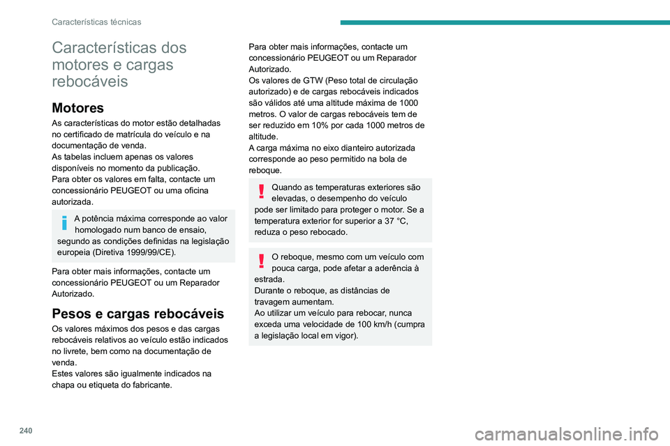 PEUGEOT EXPERT 2021 Manual de utilização (in Portuguese) 240
Características técnicas
Características dos
motores e cargas
rebocáveis
Motores
As características do motor estão detalhadas
no certificado de matrícula do veículo e na
documentação PEUGEOT EXPERT 2021 Manual de utilização (in Portuguese) 240
Características técnicas
Características dos
motores e cargas
rebocáveis
Motores
As características do motor estão detalhadas
no certificado de matrícula do veículo e na
documentação