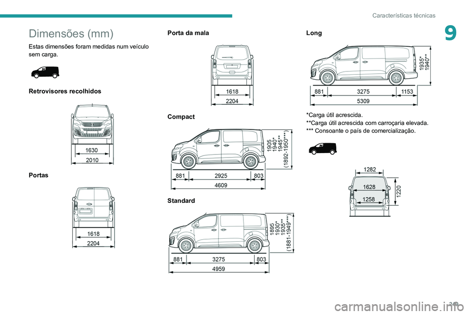 PEUGEOT EXPERT 2021 Manual de utilização (in Portuguese) 249
Características técnicas
9Dimensões (mm)
Estas dimensões foram medidas num veículo
sem carga.
Retrovisores recolhidos
Portas
Porta da mala
Compact
Standard
Long
*Carga PEUGEOT EXPERT 2021 Manual de utilização (in Portuguese) 249
Características técnicas
9Dimensões (mm)
Estas dimensões foram medidas num veículo
sem carga.
Retrovisores recolhidos
Portas
Porta da mala
Compact
Standard
Long
*Carga