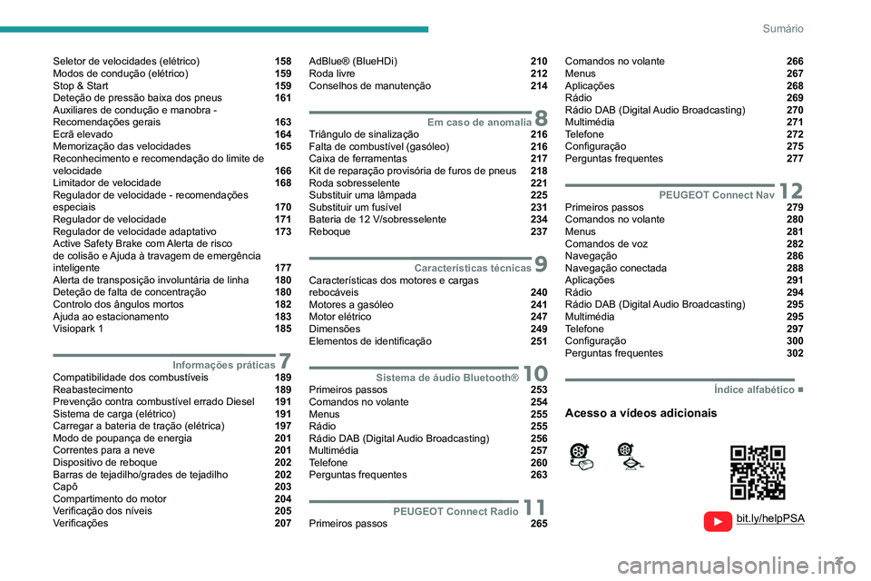 PEUGEOT EXPERT 2021  Manual de utilização (in Portuguese) 3
Sumário
  
  
 
 
 
 
Seletor de velocidades (elétrico)  158
Modos de condução (elétrico)  159
Stop & Start  159
Deteção de pressão baixa dos pneus  161
Auxiliares de condução e manobra - 