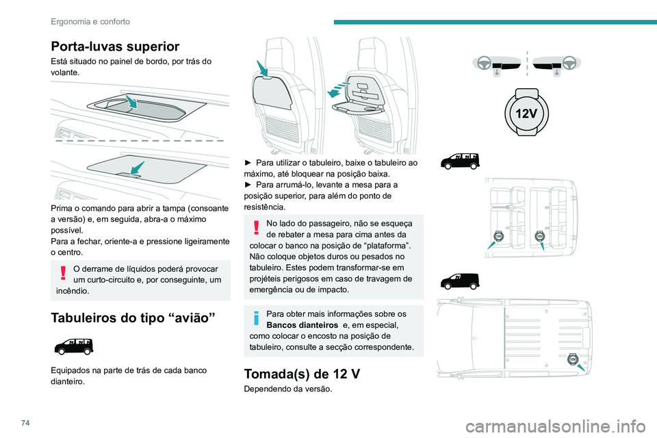 PEUGEOT EXPERT 2021 Manual de utilização (in Portuguese) 74
Ergonomia e conforto
Porta-luvas superior
Está situado no painel de bordo, por trás do
volante.
Prima o comando para abrir a tampa (consoante
a versão) e, em seguida, abra-a o máximo
pos PEUGEOT EXPERT 2021 Manual de utilização (in Portuguese) 74
Ergonomia e conforto
Porta-luvas superior
Está situado no painel de bordo, por trás do
volante.
Prima o comando para abrir a tampa (consoante
a versão) e, em seguida, abra-a o máximo
pos
