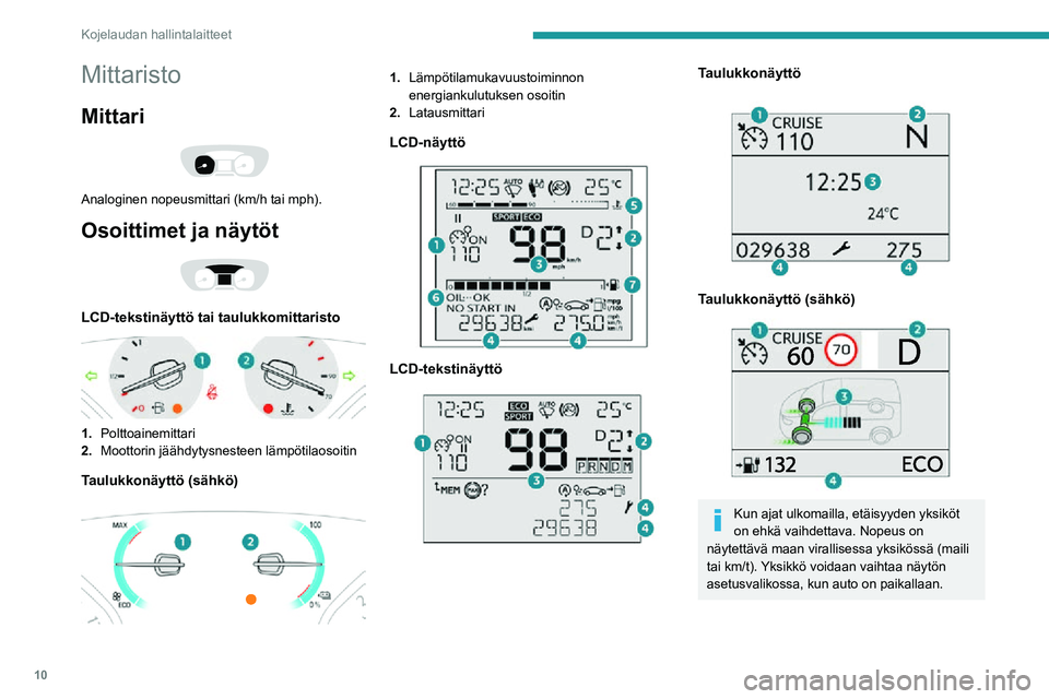 PEUGEOT EXPERT 2021 Omistajan Käsikirja (in Finnish) 10
Kojelaudan hallintalaitteet
Mittaristo
Mittari
Analoginen nopeusmittari (km/h tai mph).
Osoittimet ja näytöt
LCD-tekstinäyttö tai taulukkomittaristo
1.Polttoainemittari
2. Moottorin j PEUGEOT EXPERT 2021 Omistajan Käsikirja (in Finnish) 10
Kojelaudan hallintalaitteet
Mittaristo
Mittari
Analoginen nopeusmittari (km/h tai mph).
Osoittimet ja näytöt
LCD-tekstinäyttö tai taulukkomittaristo
1.Polttoainemittari
2. Moottorin j