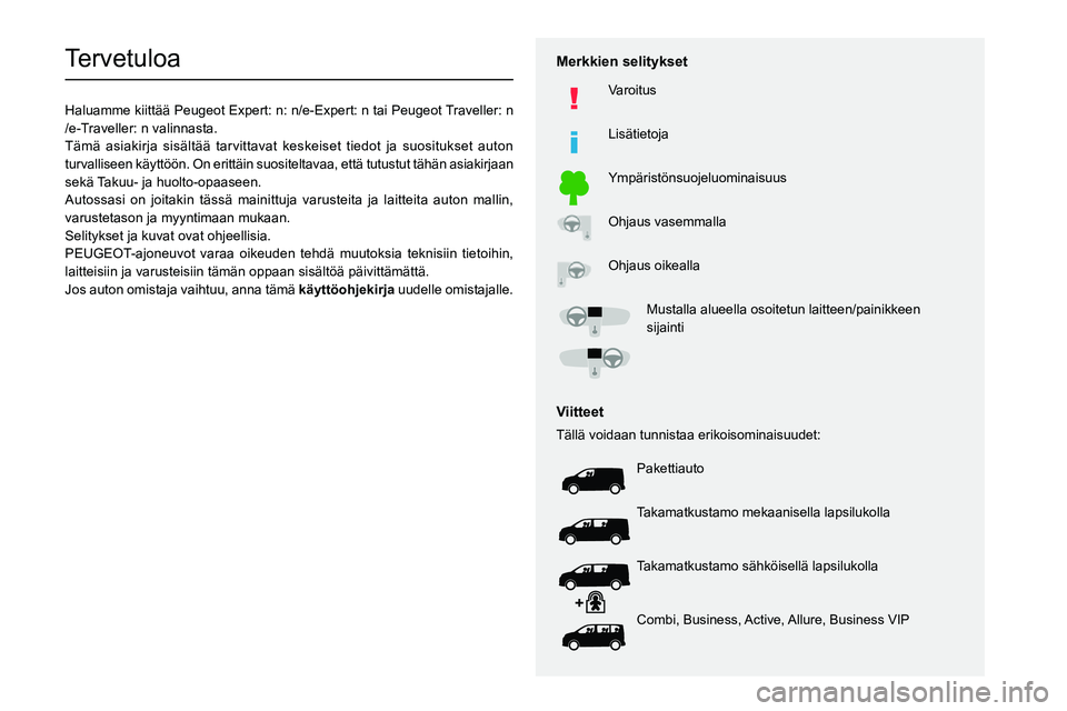 PEUGEOT EXPERT 2021 Omistajan Käsikirja (in Finnish)
Tervetuloa
Haluamme kiittää Peugeot Expert: n: n/e-Expert: n tai Peugeot Traveller: n
/e-Traveller: n valinnasta.
Tämä asiakirja sisältää t PEUGEOT EXPERT 2021 Omistajan Käsikirja (in Finnish)
Tervetuloa
Haluamme kiittää Peugeot Expert: n: n/e-Expert: n tai Peugeot Traveller: n
/e-Traveller: n valinnasta.
Tämä asiakirja sisältää t