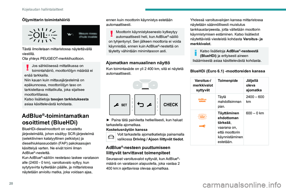 PEUGEOT EXPERT 2021  Omistajan Käsikirja (in Finnish) 20
Kojelaudan hallintalaitteet
Varoitus-/merkkivalot syttyvät Toimenpide
Jäljellä 
oleva 
ajomatka
 
 
Jotta moottori 
voidaan 
käynnistää 
uudelleen, 
AdBlue
®-
nestettä on 
lisättävä 
vä