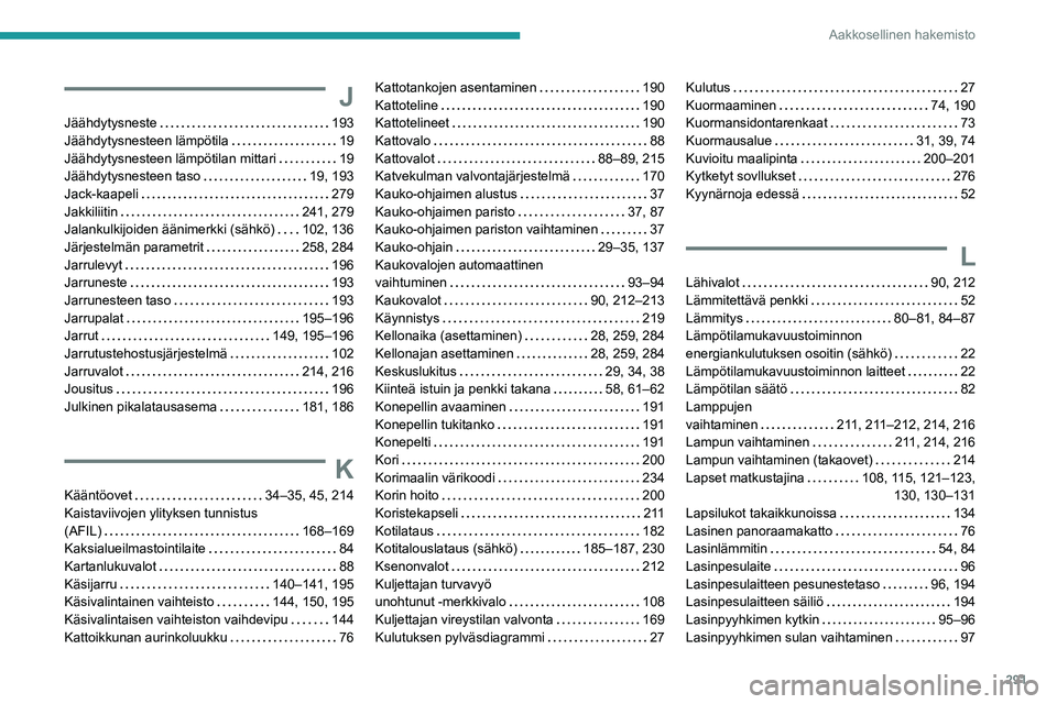 PEUGEOT EXPERT 2021  Omistajan Käsikirja (in Finnish) 291
Aakkosellinen hakemisto
J
Jäähdytysneste   193Jäähdytysnesteen lämpötila   19Jäähdytysnesteen lämpötilan mittari   19Jäähdytysnesteen taso   19, 193Jack-kaapeli   279Jakkiliitin   
