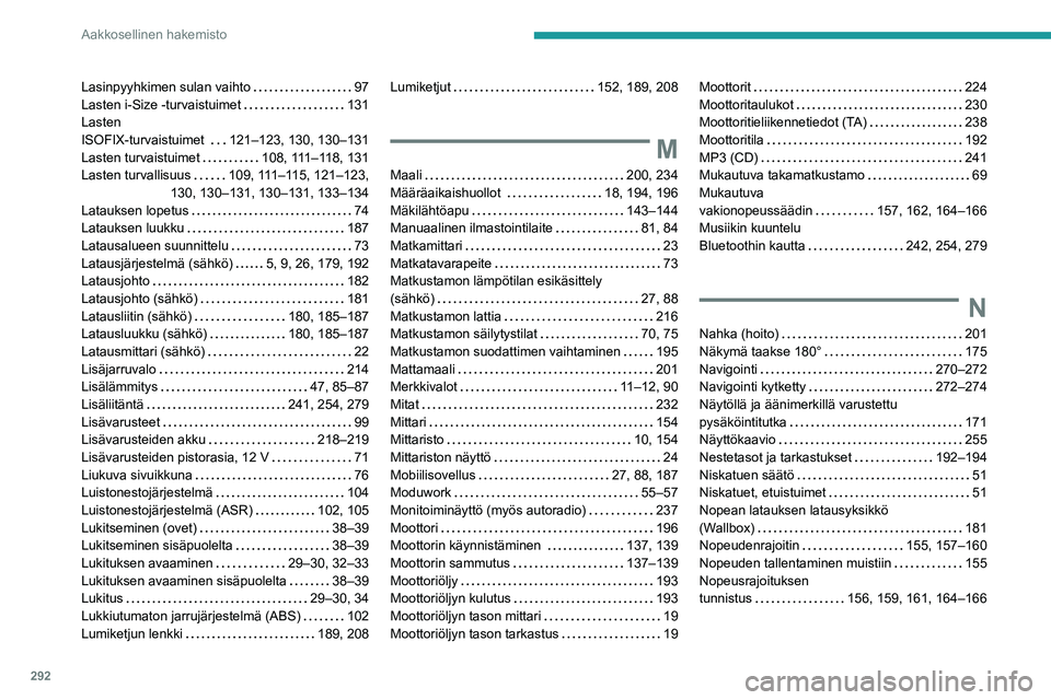 PEUGEOT EXPERT 2021  Omistajan Käsikirja (in Finnish) 292
Aakkosellinen hakemisto
Lasinpyyhkimen sulan vaihto   97Lasten i-Size -turvaistuimet   131Lasten  ISOFIX-turvaistuimet    121–123, 130, 130–131Lasten turvaistuimet   108, 111–118, 131Laste