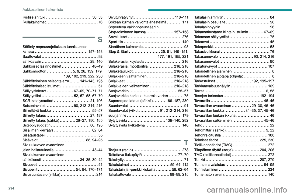 PEUGEOT EXPERT 2021  Omistajan Käsikirja (in Finnish) 294
Aakkosellinen hakemisto
Ristiselän tuki   50, 53Rullakaihtimet   76
S
Säätely nopeusrajoituksen tunnistuksen  kanssa   157–158Saattovalot   92sähköavain   29, 140Sähköiset lasinnostim