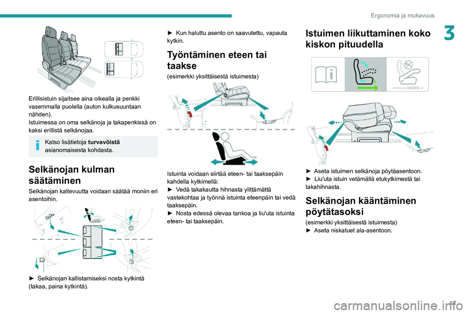 PEUGEOT EXPERT 2021 Omistajan Käsikirja (in Finnish) 63
Ergonomia ja mukavuus
3
Erillisistuin sijaitsee aina oikealla ja penkki
vasemmalla puolella (auton kulkusuuntaan
nähden).
Istuimessa on oma selkänoja ja takapenkissä on
kaksi erillistä sel PEUGEOT EXPERT 2021 Omistajan Käsikirja (in Finnish) 63
Ergonomia ja mukavuus
3
Erillisistuin sijaitsee aina oikealla ja penkki
vasemmalla puolella (auton kulkusuuntaan
nähden).
Istuimessa on oma selkänoja ja takapenkissä on
kaksi erillistä sel