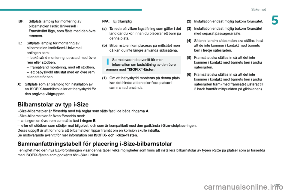 PEUGEOT EXPERT 2021 Bruksanvisningar (in Swedish) 127
Säkerhet
5IUF:Sittplats lämplig för montering av
bilbarnstolen Isofix Universell i
Framåtvänt läge, som fästs med den övre
remmen.
IL: Sittplats lämplig för montering av
bilbarnstol PEUGEOT EXPERT 2021 Bruksanvisningar (in Swedish) 127
Säkerhet
5IUF:Sittplats lämplig för montering av
bilbarnstolen Isofix Universell i
Framåtvänt läge, som fästs med den övre
remmen.
IL: Sittplats lämplig för montering av
bilbarnstol