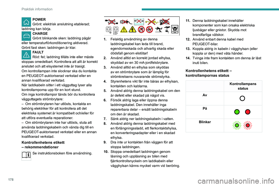 PEUGEOT EXPERT 2021 Bruksanvisningar (in Swedish) 178
Praktisk information
POWER
Grönt: elektrisk anslutning etablerad;
laddning kan börja.
CHARGE
Grönt blinkande sken: laddning pågår
eller temperaturförkonditionering aktiverad.
Grönt fast PEUGEOT EXPERT 2021 Bruksanvisningar (in Swedish) 178
Praktisk information
POWER
Grönt: elektrisk anslutning etablerad;
laddning kan börja.
CHARGE
Grönt blinkande sken: laddning pågår
eller temperaturförkonditionering aktiverad.
Grönt fast