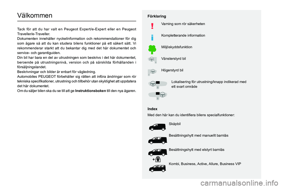 PEUGEOT EXPERT 2021  Bruksanvisningar (in Swedish)   
 
 
 
 
 
  
  
  
  
   
   
 
  
 
  
 
  
 
  
Välkommen
Tack för att du har valt en Peugeot Expert/e-Expert eller en Peugeot 
Traveller/e-Traveller.
Dokumenten innehåller nyckelinformation o