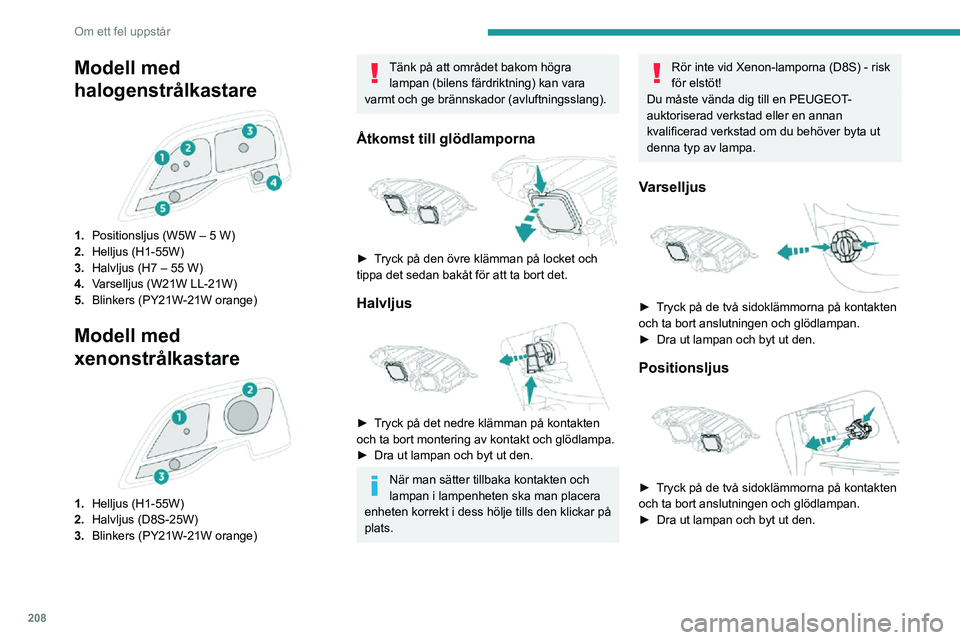 PEUGEOT EXPERT 2021 Bruksanvisningar (in Swedish) 208
Om ett fel uppstår
Modell med
halogenstrålkastare
1.Positionsljus (W5W – 5 W)
2. Helljus (H1-55W)
3. Halvljus (H7 – 55 W)
4. Varselljus (W21W LL-21W)
5. Blinkers (PY21W-21W orange)
Mode PEUGEOT EXPERT 2021 Bruksanvisningar (in Swedish) 208
Om ett fel uppstår
Modell med
halogenstrålkastare
1.Positionsljus (W5W – 5 W)
2. Helljus (H1-55W)
3. Halvljus (H7 – 55 W)
4. Varselljus (W21W LL-21W)
5. Blinkers (PY21W-21W orange)
Mode