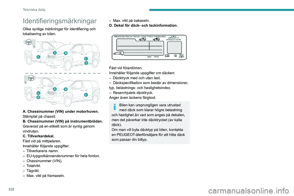 PEUGEOT EXPERT 2021 Bruksanvisningar (in Swedish) 232
Tekniska data
Identifieringsmärkningar
Olika synliga märkningar för identifiering och
lokalisering av bilen.
A. Chassinummer (VIN) under motorhuven.
Stämplat på chassit.
B. Chassinummer PEUGEOT EXPERT 2021 Bruksanvisningar (in Swedish) 232
Tekniska data
Identifieringsmärkningar
Olika synliga märkningar för identifiering och
lokalisering av bilen.
A. Chassinummer (VIN) under motorhuven.
Stämplat på chassit.
B. Chassinummer