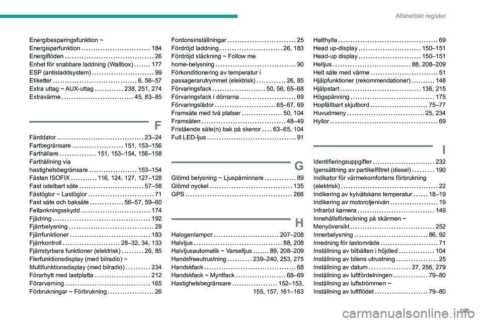PEUGEOT EXPERT 2021 Bruksanvisningar (in Swedish) 285
Alfabetiskt register
Energibesparingsfunktion ~ Energisparfunktion 184Energiflöden 26Enhet för snabbare laddning (Wallbox) 177ESP (antisladdsystem) 99Etiketter 6, 56–57Extra uttag ~ PEUGEOT EXPERT 2021 Bruksanvisningar (in Swedish) 285
Alfabetiskt register
Energibesparingsfunktion ~ Energisparfunktion 184Energiflöden 26Enhet för snabbare laddning (Wallbox) 177ESP (antisladdsystem) 99Etiketter 6, 56–57Extra uttag ~