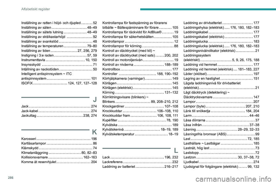 PEUGEOT EXPERT 2021 Bruksanvisningar (in Swedish) 286
Alfabetiskt register
Inställning av ratten i höjd- och djupled 52Inställning av säten 48–49Inställning av sätets lutning 48–49Inställning av strålkastarhöjd 92Inställning av PEUGEOT EXPERT 2021 Bruksanvisningar (in Swedish) 286
Alfabetiskt register
Inställning av ratten i höjd- och djupled 52Inställning av säten 48–49Inställning av sätets lutning 48–49Inställning av strålkastarhöjd 92Inställning av