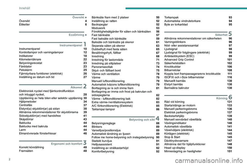 PEUGEOT EXPERT 2021  Bruksanvisningar (in Swedish) 2
Innehåll
 
 
 
 
 
 
 
   ■
ÖversiktÖversikt  4
Etiketter  6
  ■
EcoDriving
 1InstrumentpanelInstrumentpanel  10
Kontrollampor och varningslampor  12
Indikatorer  18
Kilometerräknare  22