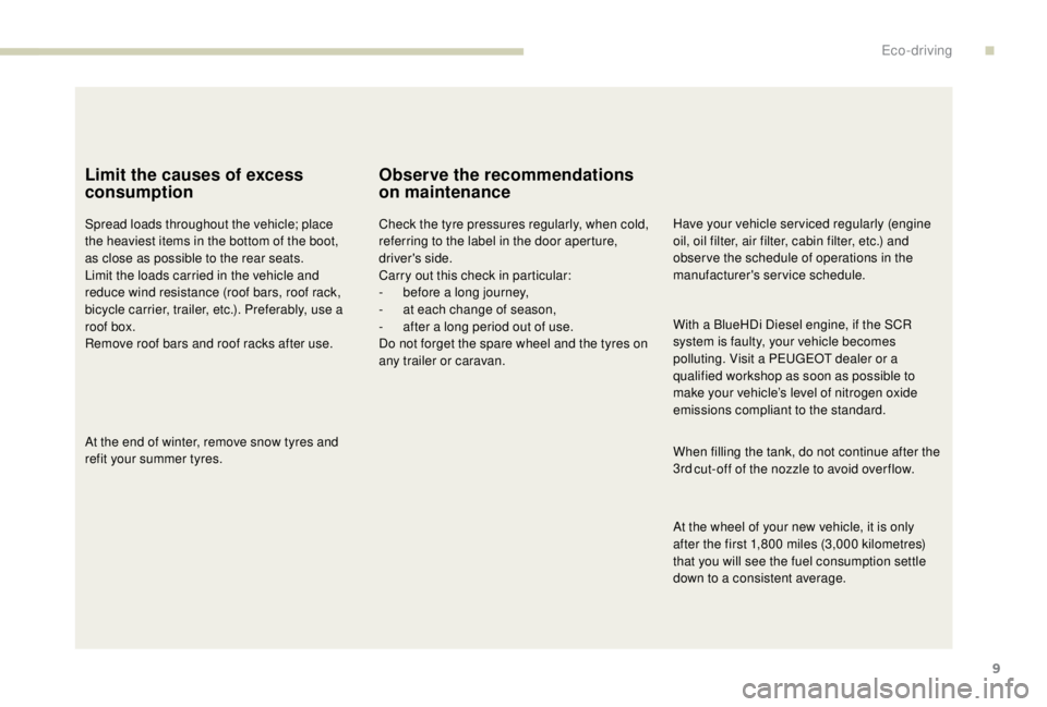 PEUGEOT EXPERT 2018  Owners Manual 9
Limit the causes of excess 
consumption
Spread loads throughout the vehicle; place 
the heaviest items in the bottom of the boot, 
as close as possible to the rear seats.
Limit the loads carried in 