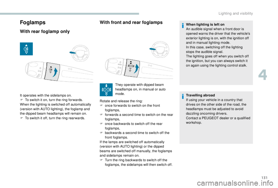 PEUGEOT EXPERT 2018 Owners Manual 131
Foglamps
With rear foglamp onlyWith front and rear foglamps
It operates with the sidelamps on.
F
T o switch it on, turn the ring for wards.
When the lighting is switched off automatically
(versi PEUGEOT EXPERT 2018 Owners Manual 131
Foglamps
With rear foglamp onlyWith front and rear foglamps
It operates with the sidelamps on.
F
T o switch it on, turn the ring for wards.
When the lighting is switched off automatically
(versi