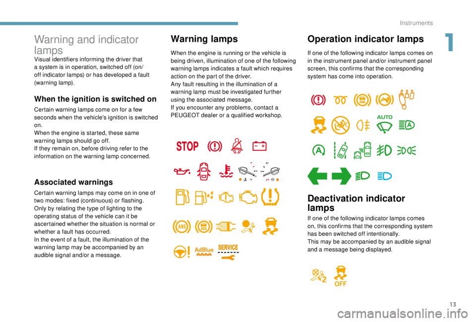 PEUGEOT EXPERT 2018  Owners Manual 13
Warning and indicator 
lamps
When the ignition is switched on
Certain warning lamps come on for a few 
seconds when the vehicle's ignition is switched 
on.
When the engine is started, these sam
