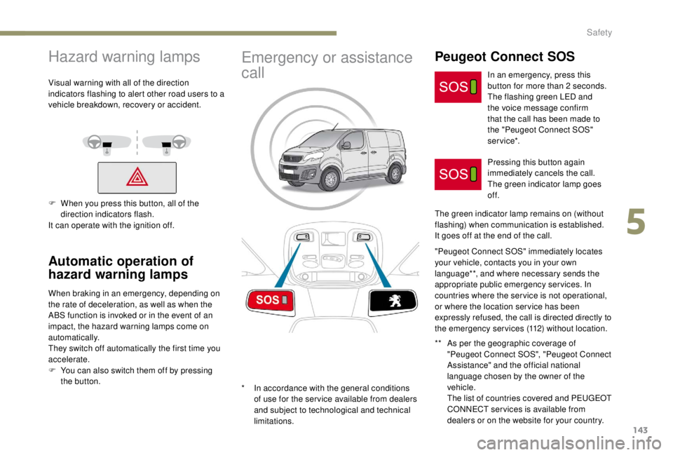 PEUGEOT EXPERT 2018 Owners Manual 143
Hazard warning lamps
Visual warning with all of the direction
indicators flashing to alert other road users to a
vehicle breakdown, recovery or accident.
F
W
hen you press this button, all of PEUGEOT EXPERT 2018 Owners Manual 143
Hazard warning lamps
Visual warning with all of the direction
indicators flashing to alert other road users to a
vehicle breakdown, recovery or accident.
F
W
hen you press this button, all of
