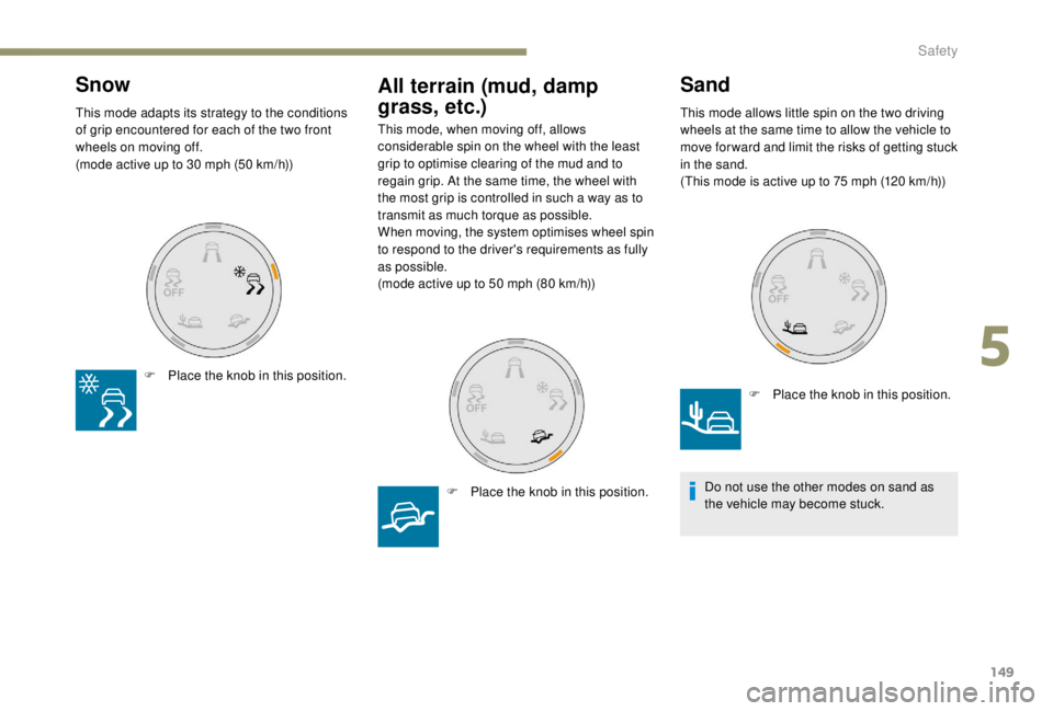 PEUGEOT EXPERT 2018  Owners Manual 149
Snow 
F Place the knob in this position.
All terrain (mud, damp 
grass, etc.)
F Place the knob in this position.
This mode adapts its strategy to the conditions 
of grip encountered for each of th