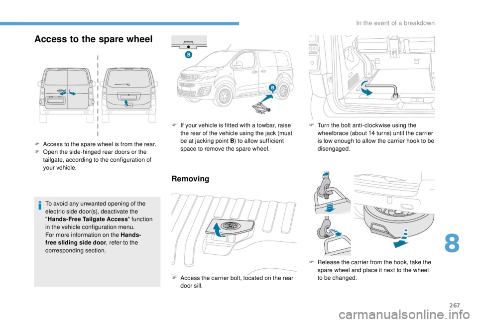PEUGEOT EXPERT 2018  Owners Manual 267
Access to the spare wheel
F Access to the spare wheel is from the rear. 
F O pen the side-hinged rear doors or the 
tailgate, according to the configuration of 
your vehicle.
To avoid any unwanted