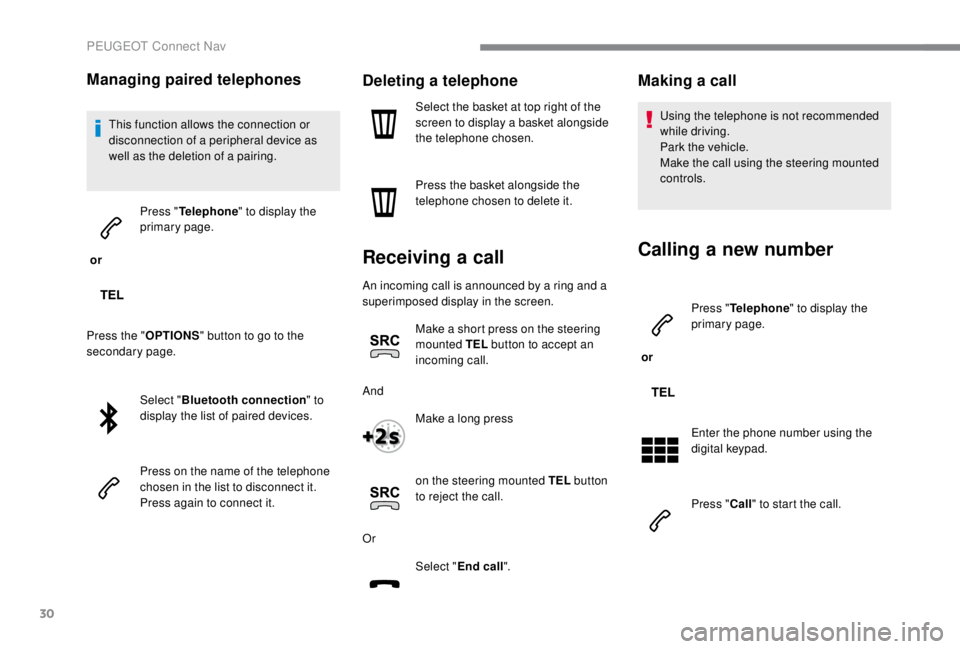 PEUGEOT EXPERT 2018  Owners Manual 30
Managing paired telephones
This function allows the connection or 
disconnection of a peripheral device as 
well as the deletion of a pairing.
 or  Press "
Telephone " to display the 
prima