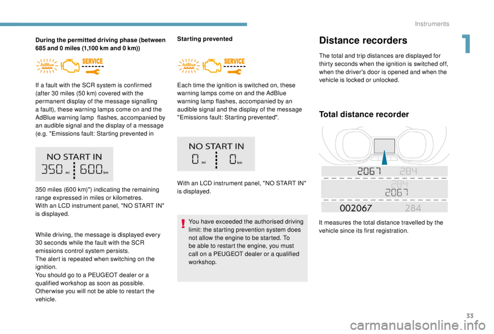 PEUGEOT EXPERT 2018 Owners Guide 33
During the permitted driving phase (between
685 and 0 miles (1,100 km and 0 km))
If a fault with the SCR system is confirmed
(after 30
miles (50 km) covered with the
permanent display PEUGEOT EXPERT 2018 Owners Guide 33
During the permitted driving phase (between
685 and 0 miles (1,100 km and 0 km))
If a fault with the SCR system is confirmed
(after 30
miles (50 km) covered with the
permanent display
