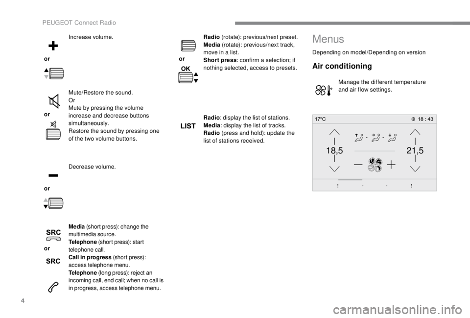PEUGEOT EXPERT 2018  Owners Manual 4
21,518,5
 or Increase volume.
 or  Mute/Restore the sound.
Or
Mute by pressing the volume 
increase and decrease buttons 
simultaneously.
Restore the sound by pressing one 
of the two volume buttons