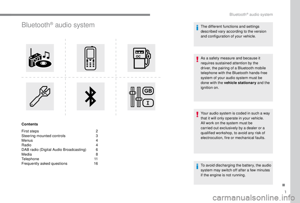 PEUGEOT EXPERT 2018  Owners Manual 1
Bluetooth® audio system
Contents
First steps  
2
S

teering mounted controls   
3
M

enus   
4
R

adio   
4
D

AB radio (Digital Audio Broadcasting)   
6
M

edia   
8
T

elephone   
1
 1
Frequently