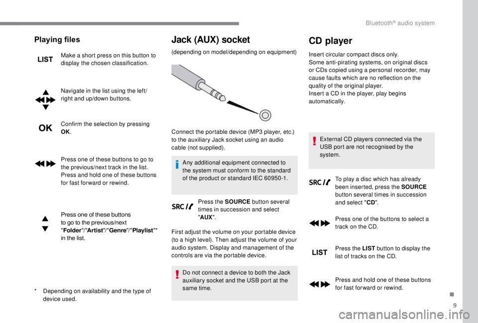 PEUGEOT EXPERT 2018  Owners Manual 9
Playing files
Make a short press on this button to 
display the chosen classification.
Navigate in the list using the left /
right and up/down buttons.
Confirm the selection by pressing 
OK.
Press o