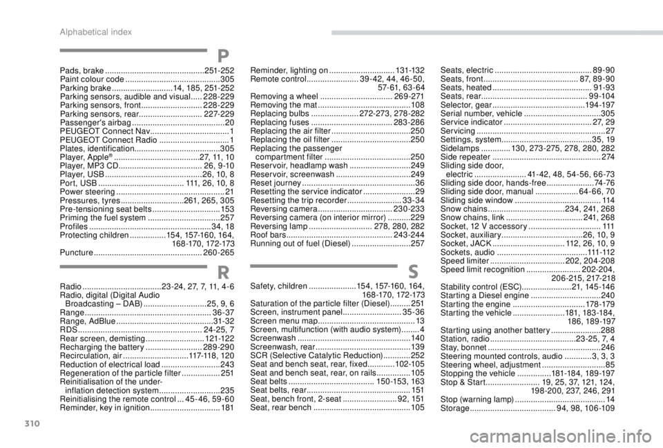 PEUGEOT EXPERT 2018  Owners Manual 310
SSafety, children .....................154, 157-160, 164, 
16 8 -170, 172-173
Saturation of the particle filter (Diesel)
  .........2 51
Screen, instrument panel
 

..........................35-36
