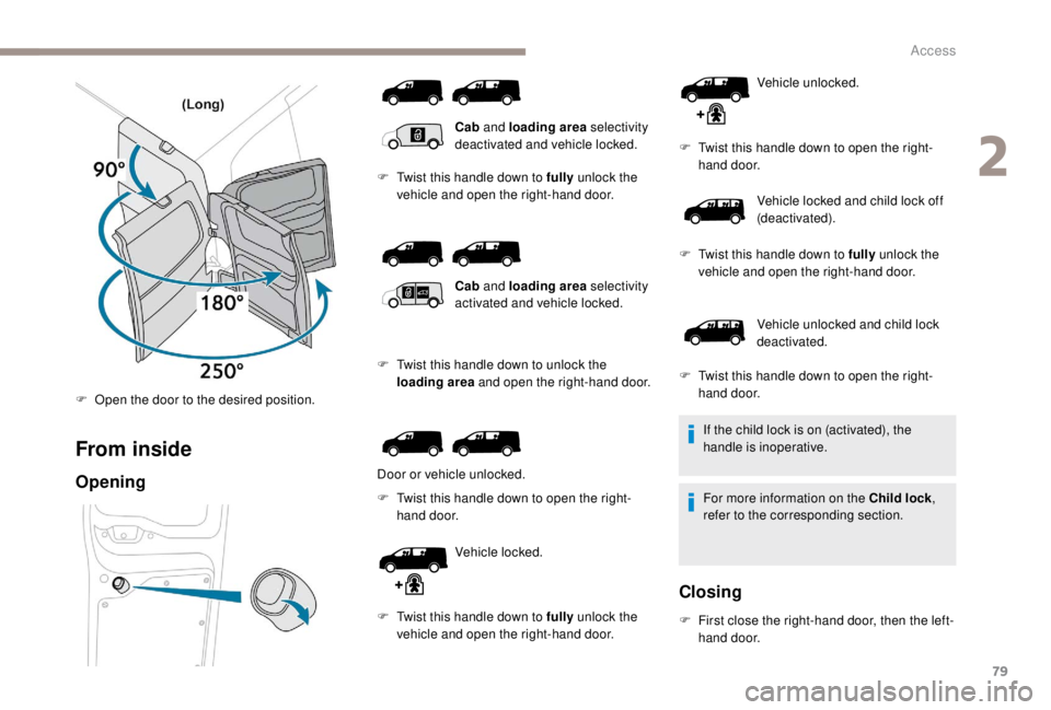 PEUGEOT EXPERT 2018 Manual Online 79
From inside
Opening
Cab and loading area  selectivity 
deactivated and vehicle locked.
F
 
T

wist this handle down to fully  unlock the 
vehicle and open the right-hand door.
F
 
T

wist this hand