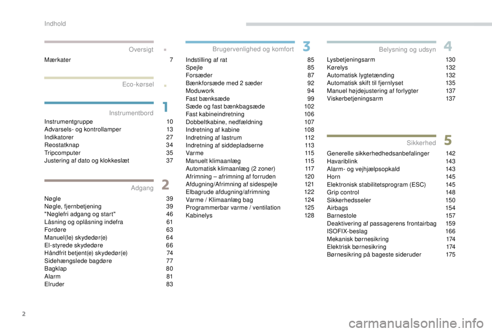 PEUGEOT EXPERT 2018  Brugsanvisning (in Danish) 2
.
.
Instrumentgruppe 10
Advarsels- og kontrollamper 1 3
Indikatorer
 

27
Reostatknap
 

34
Tripcomputer
 

35
Justering af dato og klokkeslæt
 
3
 7
Nøgle
 3

9
Nøgle, fjernbetjening
 3

9
"
