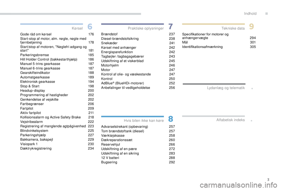 PEUGEOT EXPERT 2018  Brugsanvisning (in Danish) 3
.
.
Gode råd om kørsel 176
Start-stop af motor, alm. nøgle, nøgle med 
fjernbetjening
 1

78
Start /stop af motoren, "Nøglefri adgang og 
star t "
 

181
Parkeringsbremse
 1

85
Hill Ho