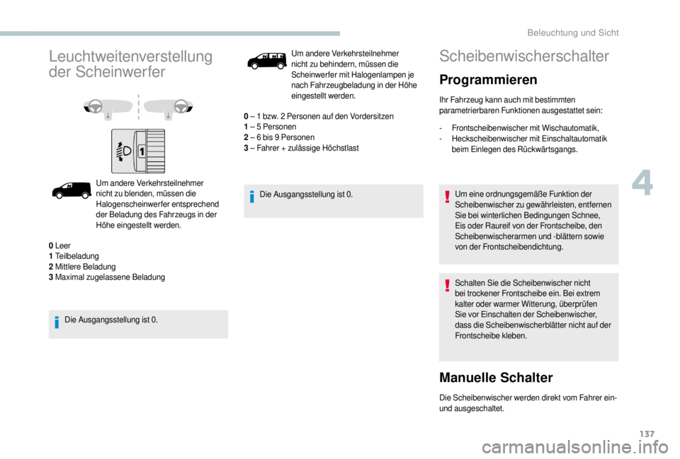 PEUGEOT EXPERT 2018 Betriebsanleitungen (in German) 137
Leuchtweitenverstellung
der Scheinwerfer
Um andere Verkehrsteilnehmer
nicht zu blenden, müssen die
Halogenscheinwerfer entsprechend
der Beladung des Fahrzeugs in der
Höhe eingestellt werden PEUGEOT EXPERT 2018 Betriebsanleitungen (in German) 137
Leuchtweitenverstellung
der Scheinwerfer
Um andere Verkehrsteilnehmer
nicht zu blenden, müssen die
Halogenscheinwerfer entsprechend
der Beladung des Fahrzeugs in der
Höhe eingestellt werden