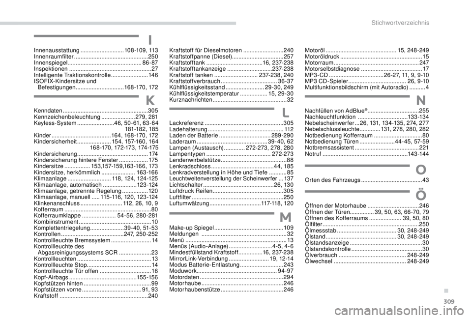 PEUGEOT EXPERT 2018  Betriebsanleitungen (in German) 309
Innenausstattung ...........................108 -109, 113
Innenraumfilter  .............................................. 250
Innenspiegel
 .............................................. 8

6 - 87