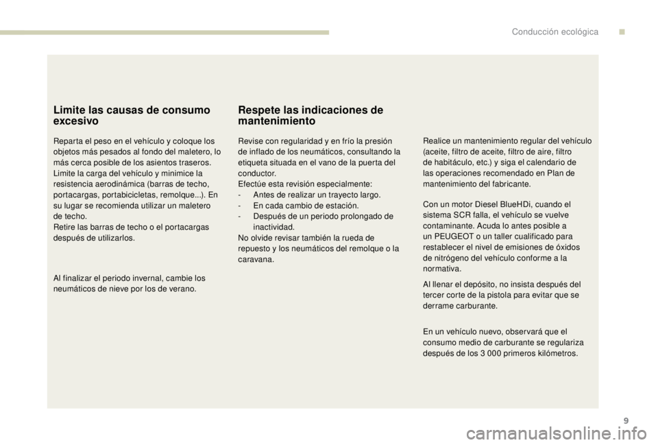 PEUGEOT EXPERT 2018 Manual del propietario (in Spanish) 9
Limite las causas de consumo
excesivo
Reparta el peso en el vehículo y coloque los
objetos más pesados al fondo del maletero, lo
más cerca posible de los asientos traseros.
Limite la carga del PEUGEOT EXPERT 2018 Manual del propietario (in Spanish) 9
Limite las causas de consumo
excesivo
Reparta el peso en el vehículo y coloque los
objetos más pesados al fondo del maletero, lo
más cerca posible de los asientos traseros.
Limite la carga del